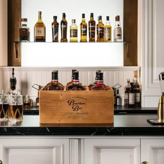 American Art Decor The Bourbon Bar Wood Crate Bottle Holder with Metal Handles - 7" x 14" x 8" {3}