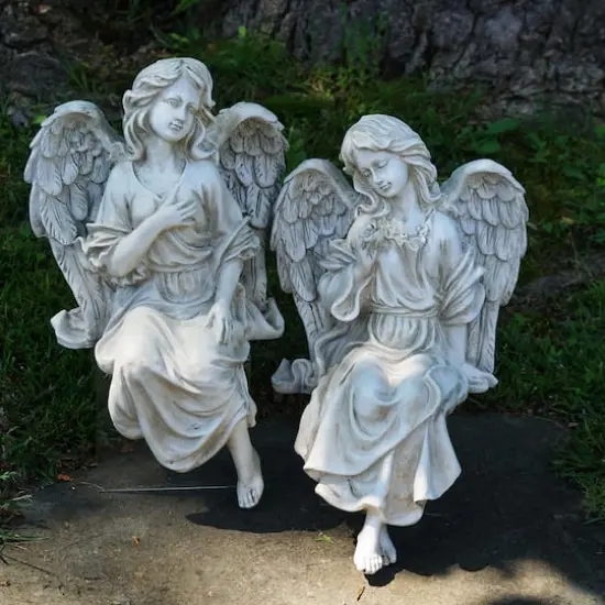 14" Gray Decorative Sitting Angel Outdoor Garden Statues {3}