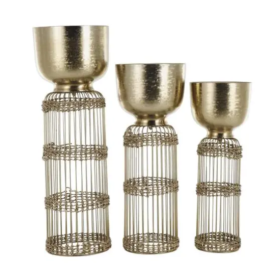 Gold Metal Textured Rounded Dome Planter & Pedestal Base Set {9}