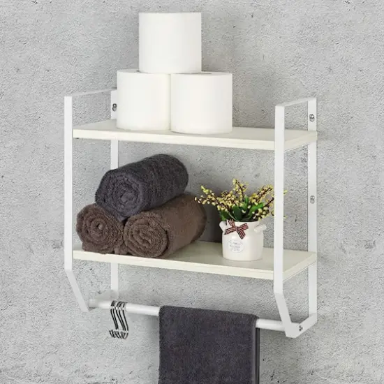 2-Layer Wall Mounted Rustic Shelves with Iron Towel Bar White {7}