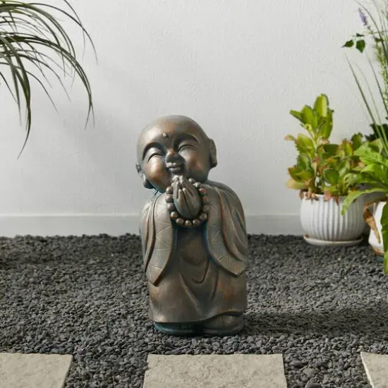Glitzhome&reg; 16.5" Faux Bronze Little Buddha Monk Garden Statue {6}