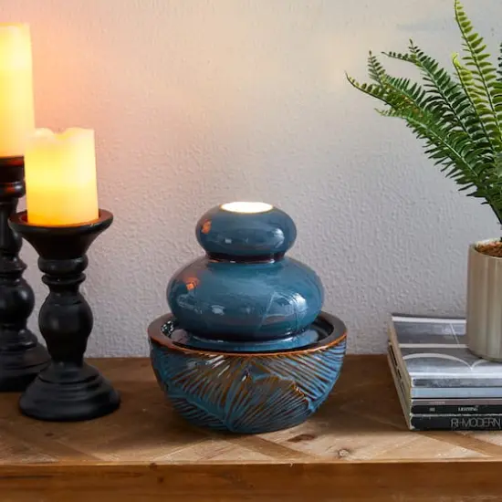 Glitzhome&reg; 8.75" LED Turquoise Leaf Textured Ceramic Tabletop Fountain {3}