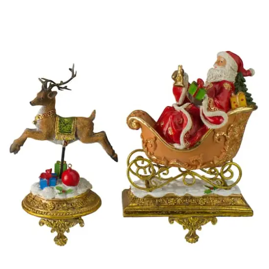9.5" Gold Santa & Reindeer Glittered Christmas Stocking Holder Set {1}