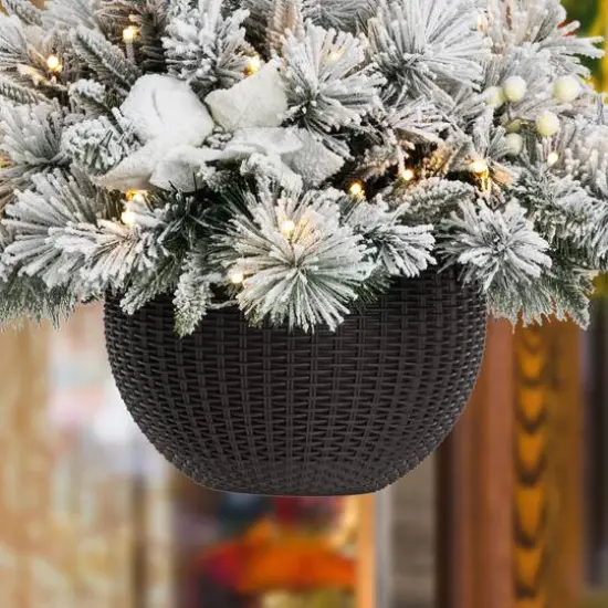 Glitzhome&reg; 24'' Pre-Lit Snow Flocked Christmas Artificial Pine Poinsettia Hanging Baskets, 2ct. {8}