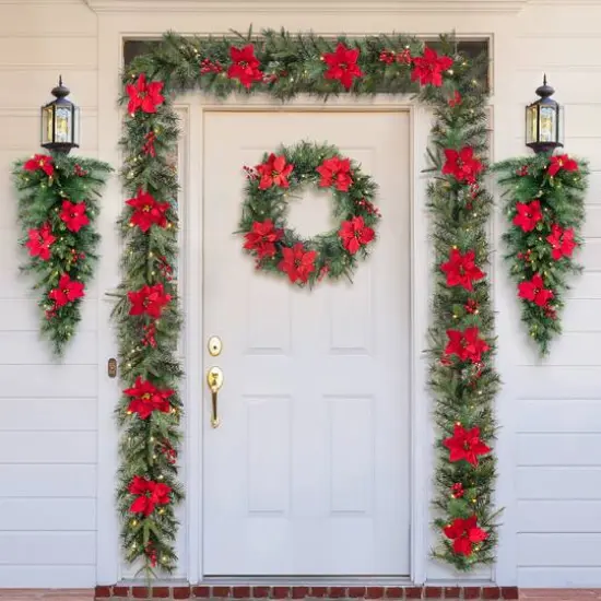 Glitzhome® 6ft. Pre-Lit Pine, Red Poinsettia & Berries Christmas Garlands with Timers, 2ct. {7}