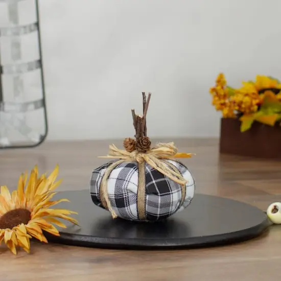 5" Black & White Plaid Fall Harvest Plush Pumpkin {3}