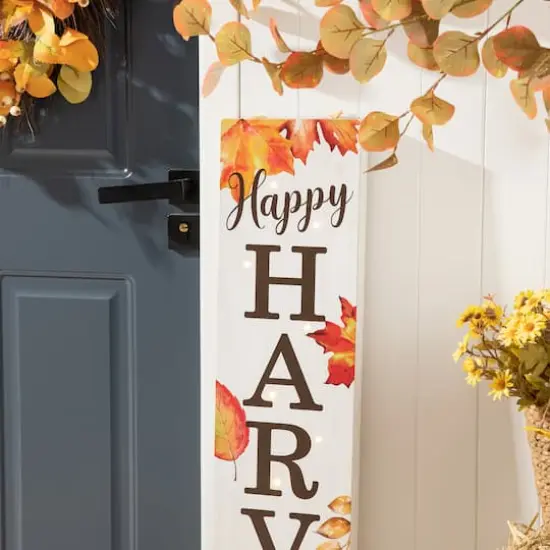 Glitzhome&reg; 42" Fall Lighted Maple Leaves Wooden Porch Sign with Timer {13}