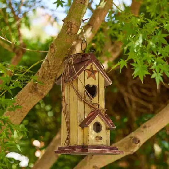 Glitzhome&reg; 11.5" Yellow Washed with Rattan Distressed Wood Cottage Birdhouse {3}