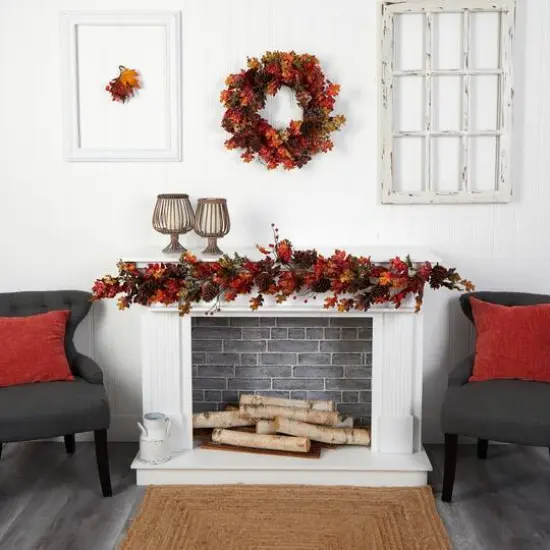 6ft. Autumn Maple Leaves, Berry & Pinecones Fall Garland {5}