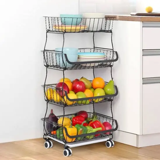 Black 4-Tier Fruit Storage Basket Rolling Cart {7}