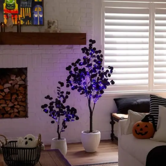 3ft. Pre-Lit Artificial Halloween Black Eucalyptus Tree with 80 Orange & Purple LED Lights {14}