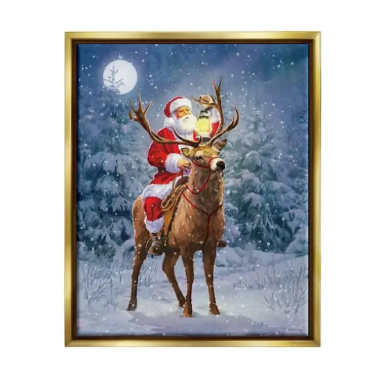 Stupell Industries Santa Riding Reindeer Landscape Framed Floater Canvas Wall Art Gold {1}
