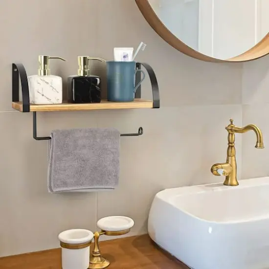 NEX&trade; 15" Wall Mounted Paper Towel Holder with Wood Shelf Light Brown {7}