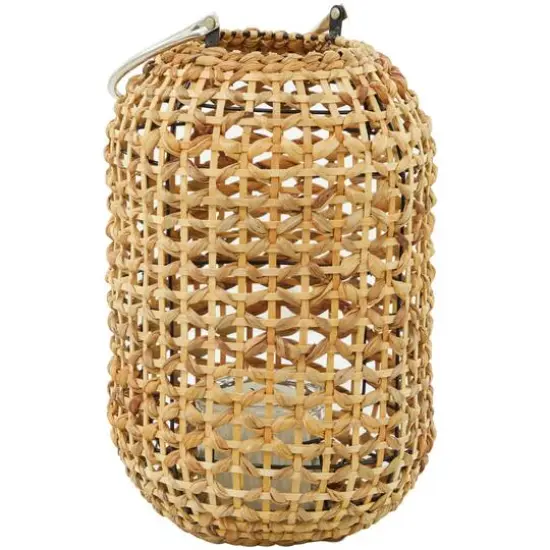 15" Brown Metal Handmade Candle Lantern with Glass Holder and Handle {3}