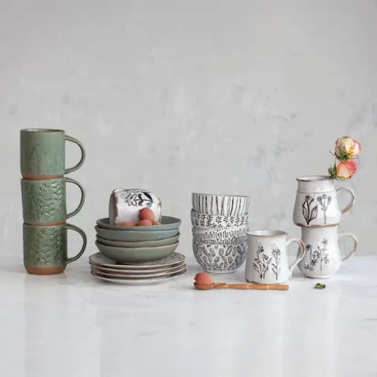 Hello Honey&reg; Cream Floral Reactive Glaze Stoneware Mug Set {4}