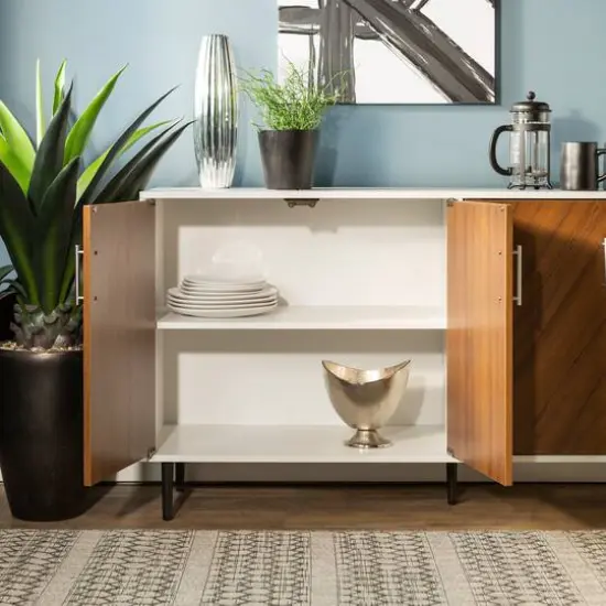 Walker Edison 58" Teak Bookmatch & White Mid Century Modern TV Buffet {5}