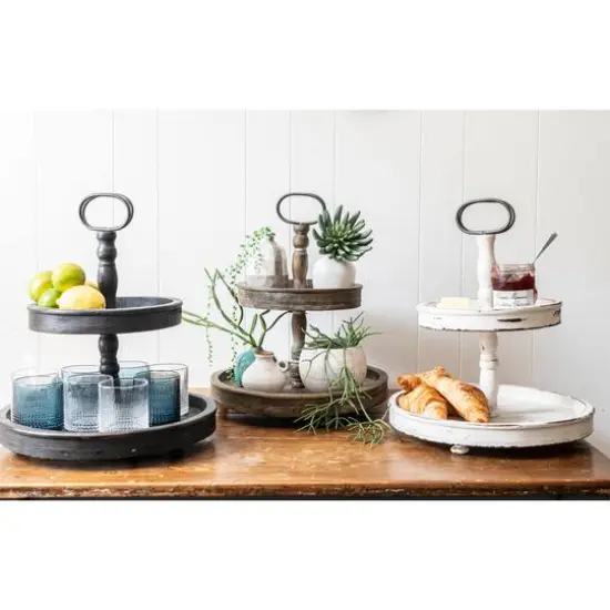 Hello Honey&reg; 18.5" Distressed Black Wood 2-Tier Tray {10}