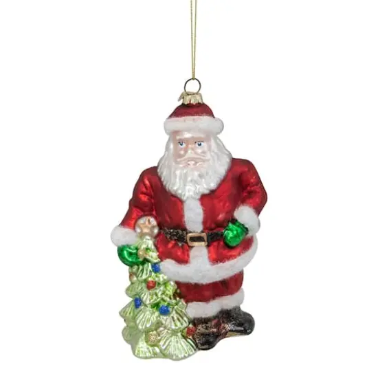 5.5" Red Classic Santa With Tree Hanging Glass Christmas Ornament {1}