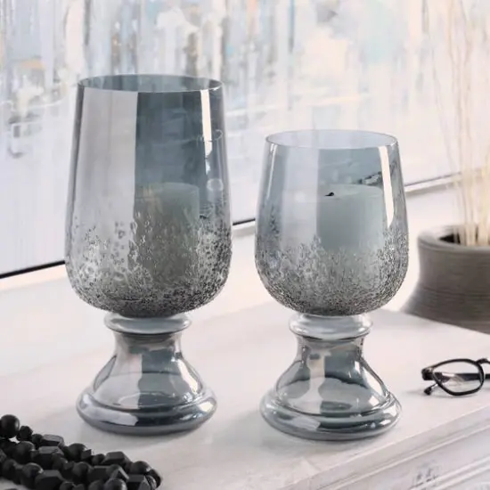 Gray Tinted Textured Glass Candle Holder Set {3}