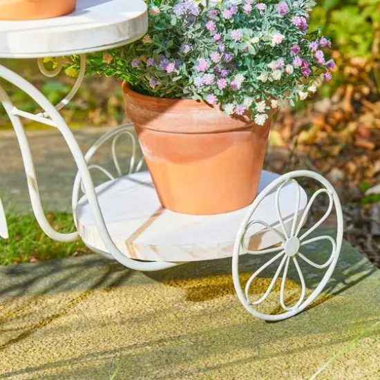 Glitzhome&reg; 24" White Metal Tricycle Planter Stand with Solid Wood Tray {8}