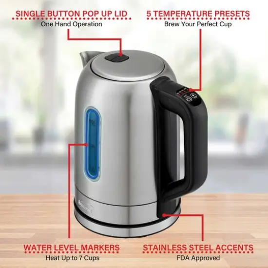 Brentwood 1.79qt. 1,500 Watt Cordless Digital Stainless Steel Kettle With 5 Temperature Presets & Swivel Base {7}