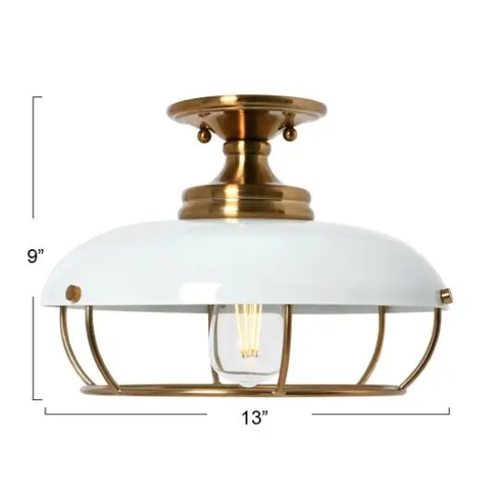 Hello Honey® 13" Wide Caged Dome Metal Semi-Flush Mount Ceiling Light Brushed Brass and White {6}