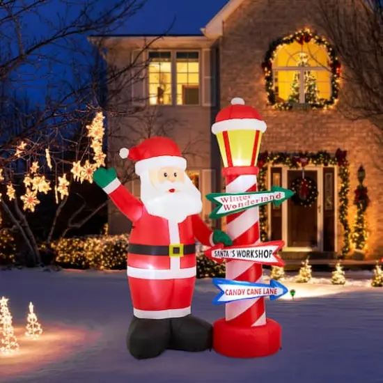Glitzhome&reg; 7FT Lighted Inflatable Santa with Lamp Post Sign Decor {4}
