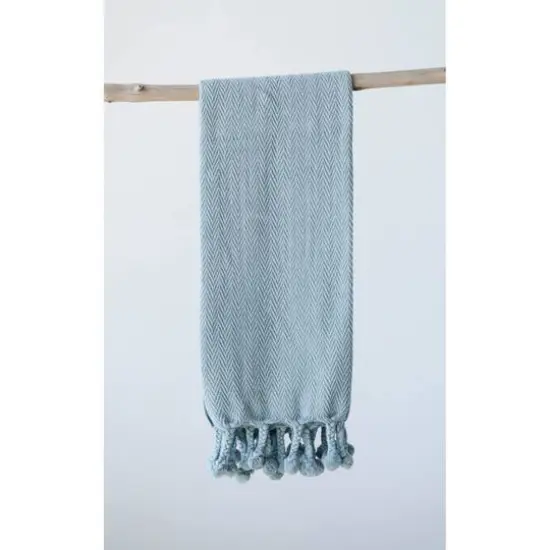 Hello Honey&reg; Blue Cotton Throw with Pom Poms {3}