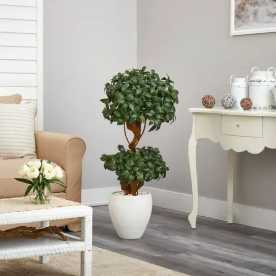 4ft. Sweet Bay Double Ball Topiary Artificial Tree in White Planter {5}