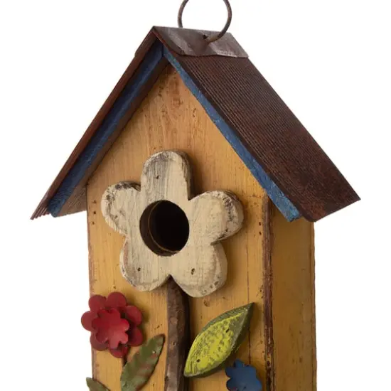 Glitzhome&reg; Distressed Wooden Birdhouse with Flower {7}