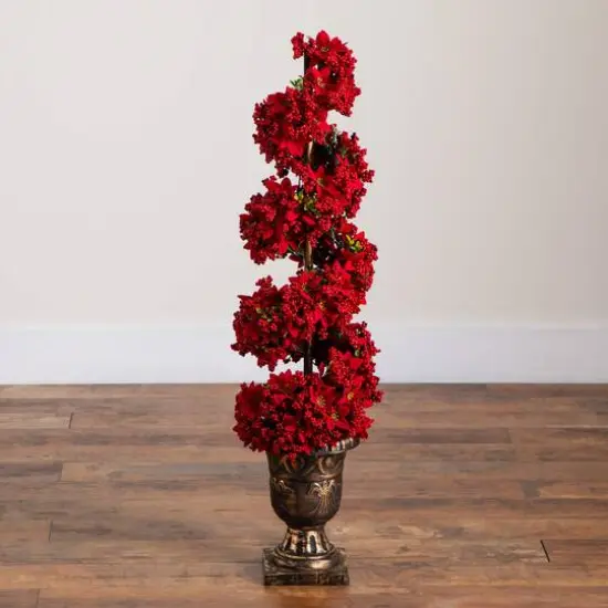 3ft. Pre-Lit Artificial Christmas Poinsettias and Berries Spiral Topiary Tree with 30 Warm White LED Lights {7}