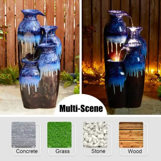 Glitzhome&reg; 30.75" 4-Tier LED Reactive Glaze Ceramic Vase Outdoor Floor Fountain Cobalt Blue and Brown {6}