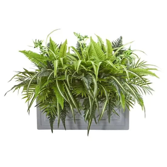 22" Mixed Greens & Fern Plant in Stone Planter {1}