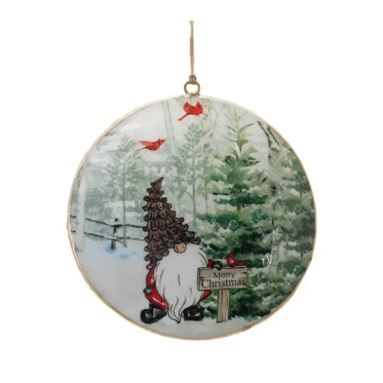 6" Gnome Cardinal Forest Metal Disc Ornaments Set {4}
