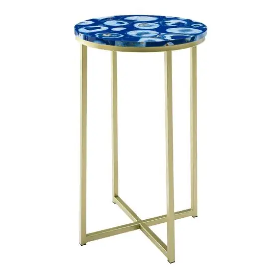 Walker Edison 16" Faux Stone Round Glam Side Table Faux Gray Marble/Gold {2}