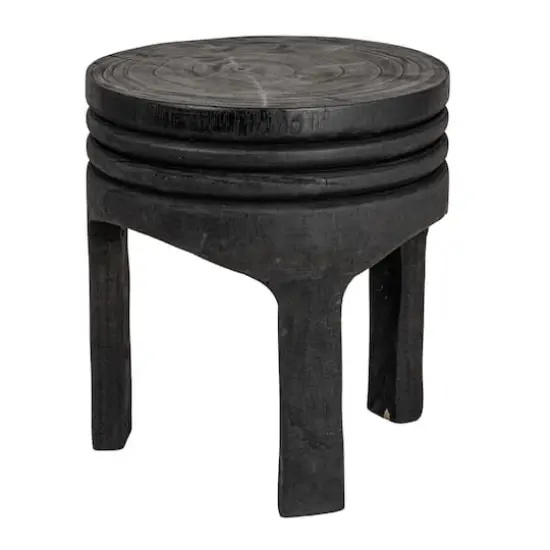 Hello Honey&reg; 15.8" Round Paulownia Wood Carved Stool Black {1}