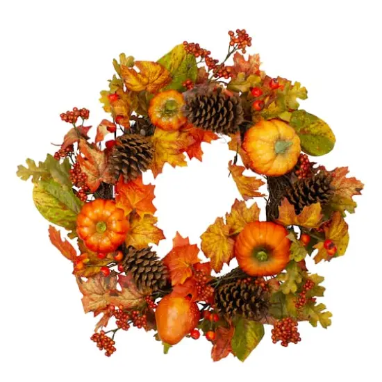 24" Pumpkins, Pinecones & Berries Fall Harvest Wreath {1}