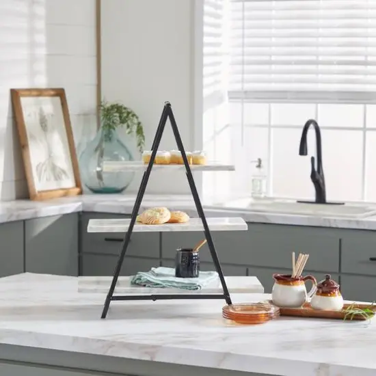 23" White Marble & Iron Contemporary 3-Tier Tray Stand {9}