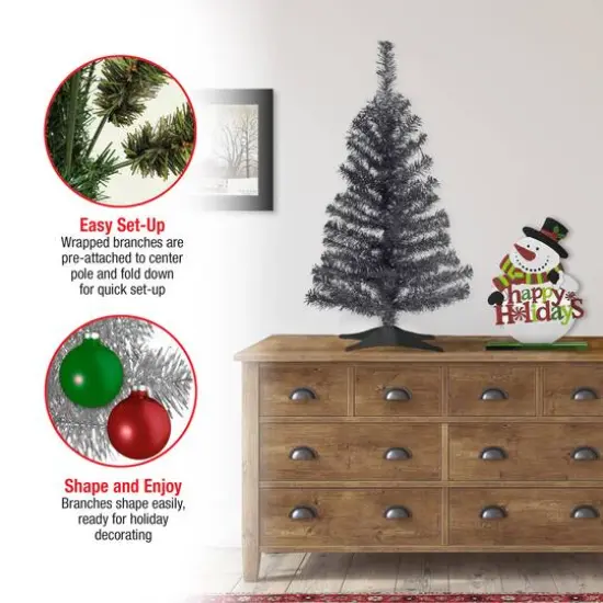 3ft. Unlit Black Tinsel Artificial Christmas Tree {7}