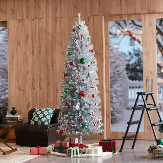 7.5ft. Unlit Silver Pencil Tinsel Artificial Christmas Tree {4}