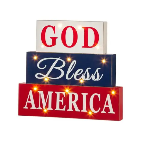 Glitzhome&reg; 12" LED Wooden Patriotic Block Sign {1}