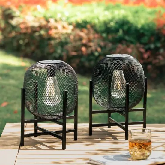 Glitzhome® 11.5" Metal Mesh Black Solar Powered Lantern with Stand, 2ct. {4}
