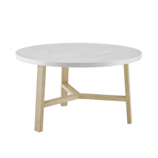 Faux White Marble & Light Oak Mid Century Modern Round Coffee Table {1}
