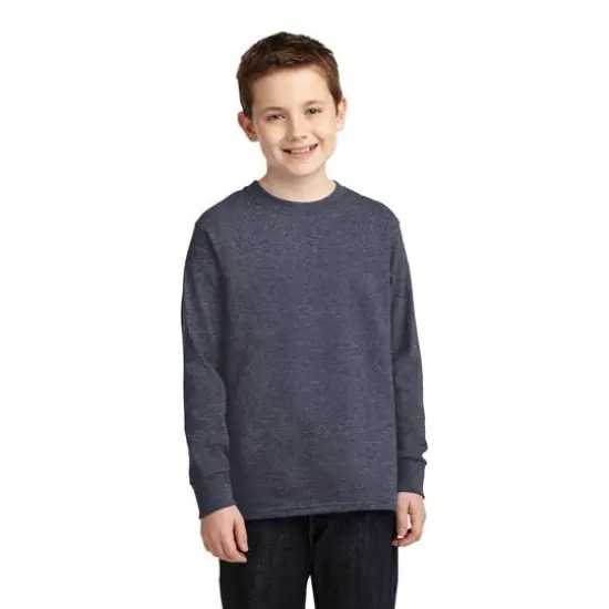 Port & Company&reg; Youth Long Sleeve Core Cotton T-Shirt Heather Navy {3}