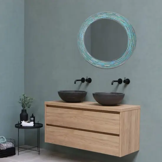 Head West Sea Glass 2 Tile Framed Round Wall Vanity Mirror - 30" x 30" {4}