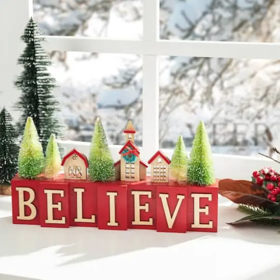 Glitzhome&reg; 14" Christmas Believe House & Brush Trees Table D&eacute;cor {3}