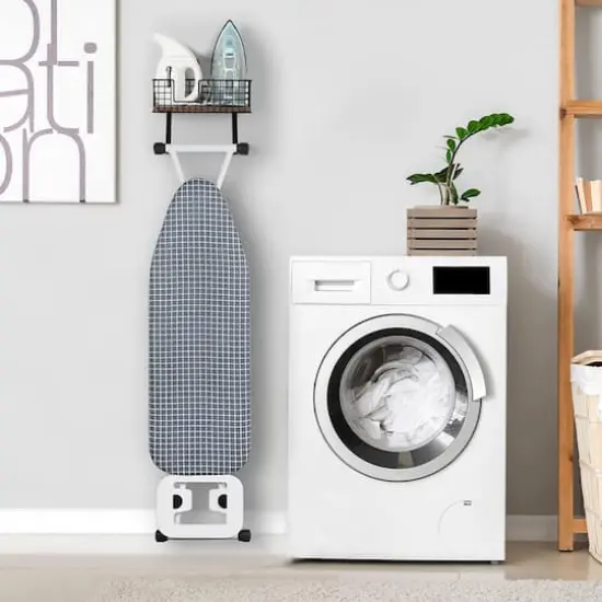 NEX&trade; Wall Mounted Ironing Board Hanger for T-Leg with Storage Basket Rustic Brown {7}