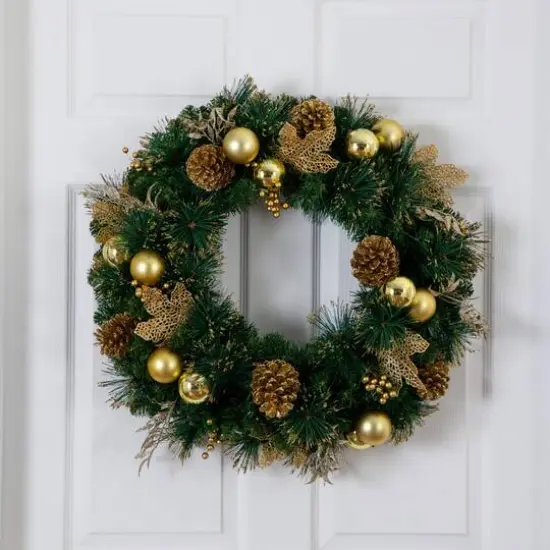 24in. Pre-Lit Artificial Golden Frosted Christmas Wreath with 50 Warm White LED Lights Pinecones, Berries and Ornaments {10}