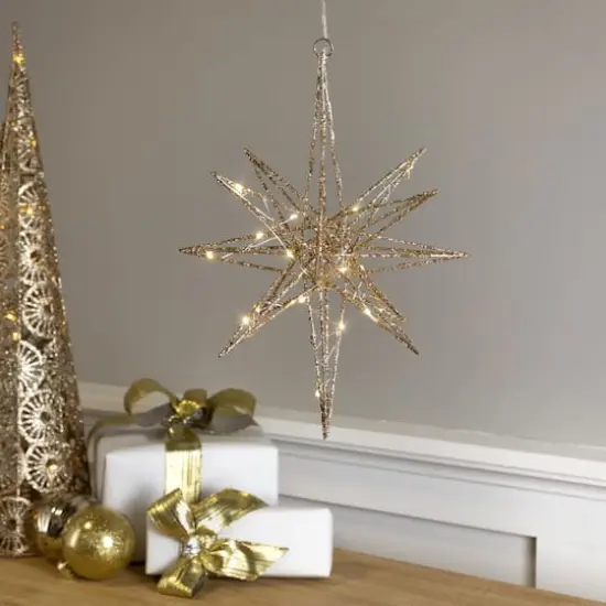 12'' Warm White LED Lighted B/O Gold Glittered Geometric Star Christmas Decoration {5}