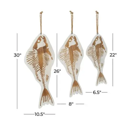 Set of 3 White Wood Coastal Fish Wall Decor, 22", 26", 30" {8}